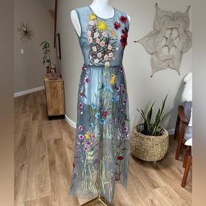 Sheer tulle midi overlay dress with crewel floral embroidery